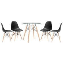 Mesa redonda Eames com tampo de vidro 80 cm + 4 cadeiras Eiffel DSW Preto