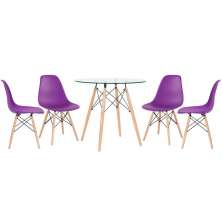 Mesa redonda Eames com tampo de vidro 80 cm + 4 cadeiras Eiffel DSW Roxo
