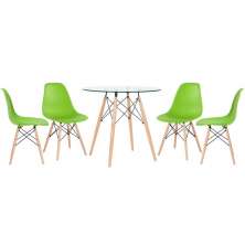 Mesa redonda Eames com tampo de vidro 80 cm + 4 cadeiras Eiffel DSW Verde claro