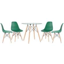 Mesa redonda Eames com tampo de vidro 80 cm + 4 cadeiras Eiffel DSW Verde escuro