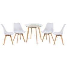 Mesa redonda jantar cozinha com tampo de vidro 70 cm + 4 cadeiras estofadas Leda Branco