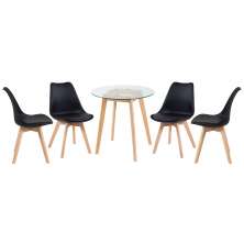 Mesa redonda jantar cozinha com tampo de vidro 70 cm + 4 cadeiras estofadas Leda Preto