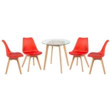 Mesa redonda jantar cozinha com tampo de vidro 70 cm + 4 cadeiras estofadas Leda Vermelho