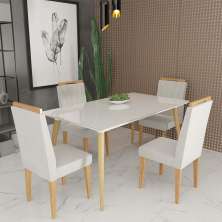 Conjunto de Mesa 160x90 Veneza Com Vidro e 4 Cadeiras Onix Branco/Bege Claro
