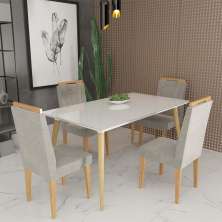 Conjunto de Mesa 160x90 Veneza Com Vidro e 4 Cadeiras Onix Branco/Bege Escuro