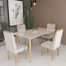 Conjunto de Mesa 160x90 Veneza Com Vidro e 4 Cadeiras Onix Off White/Bege Claro