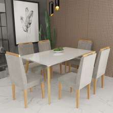 Conjunto de Mesa 160x90 Veneza Com Vidro e 6 Cadeiras Onix Branco/Bege Escuro