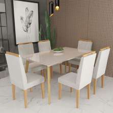 Conjunto de Mesa 160x90 Veneza Com Vidro e 6 Cadeiras Onix Off White/Bege Claro