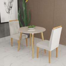 Conjunto de Mesa Redonda Veneza Com Vidro e 2 Cadeiras Onix Off White/Bege Claro
