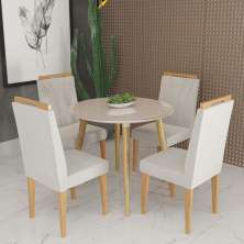 Conjunto de Mesa Redonda Veneza Com Vidro e 4 Cadeiras Onix Off White/Bege Claro
