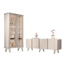 Kit de Aparador Buffet Saluti e Cristaleira Evora Pés de Aço Off White