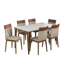 Kit de Mesa de Jantar Safira 160x90cm com 6 Cadeiras Cristal Branco Off/Areia/Caramelo