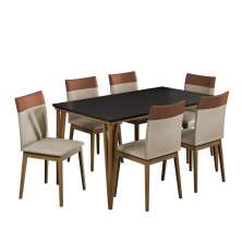 Kit de Mesa de Jantar Safira 160x90cm com 6 Cadeiras Cristal Preto/Areia/Caramelo