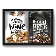 Quadro Porta Rolha Vinho E Tampinha Cerveja (2 Em 1) 33x43 cm  - Com LED Nerderia e Lojaria breakfast e Good beer black preto