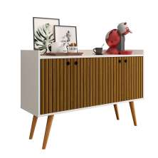 Aparador Buffet Dallas Pés Palito Retrô 4 Portas Decoração Sala Jantar Cantinho Café - Off White-Ripado Nature - RPM Móveis