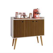 Aparador Buffet Wood Prime 3 Portas Cantinho Café Prateleira Organizadora Pés Palito Decoração Retrô - Off White-Ripado Nature - RPM Móveis