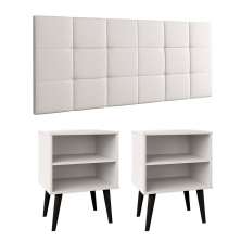 Cabeceira Estofada Cama Box Queen Bia 1,60 Corino Kit 2 Mesinhas Nicho Prateleira Pés Palito Retrô Quarto Casal Branco/Preto - RPM