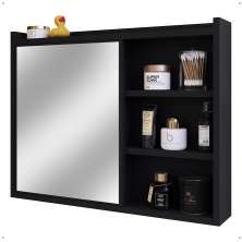 Espelheira Armário Banheiro 60 cm Espelho Porta Prateleira Organizadora Lavabo Luxo - Preto