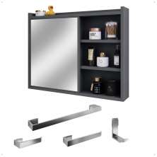 Espelheira Armário de Banheiro 1 Porta Prateleira Espelho Cinza Kit Acessórios Lavabo 4 Peças Aço Inox Cromado- RPM