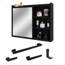 Espelheira Armário de Banheiro 1 Porta Prateleira Espelho Kit Acessórios Lavabo 4 Peças Aço Inox Preto - RPM