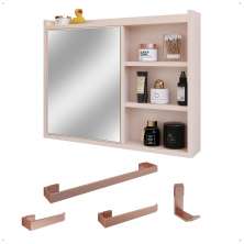 Espelheira Armário de Banheiro 1 Porta Prateleira Espelho Off White Kit Acessórios Lavabo 4 Peças Aço Inox Rose Gold - RPM
