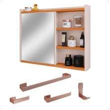 Espelheira Armário de Banheiro 1 Porta Prateleira Espelho Off White/Cinamomo Kit Acessórios Lavabo 4 Peças Aço Inox Rose Gold - RPM