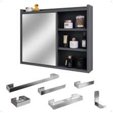 Espelheira Suspensa Armário Banheiro Prateleira Organizadora Cinza Kit Acessórios Lavabo 6 Peças Resistente Premium Cromado - RPM