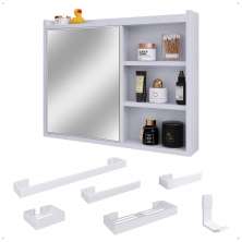 Espelheira Suspensa Armário Banheiro Prateleira Organizadora Kit Acessórios Lavabo 6 Peças Resistente Premium Branco - RPM