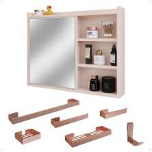 Espelheira Suspensa Armário Banheiro Prateleira Organizadora Off White Kit Acessórios Lavabo 6 Peças Resistente Premium Rose - RPM