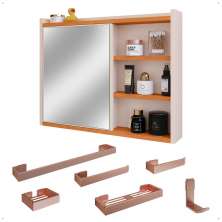Espelheira Suspensa Armário Banheiro Prateleira Organizadora Off/Cinamomo Kit Acessórios Lavabo 6 Peças Resistente Premium Rose - RPM