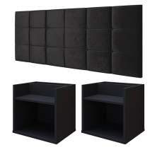 Kit 2 Mesas Suspensa Madri Nicho Aparador Lateral Cabeceira Bia 1,60 Painel Cama Box Queen Size Suede Quarto - Preto