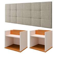 Kit 2 Mesas Suspensa Madri Off/Cinamomo Nicho Aparador Lateral Cabeceira Bia 1,60 Painel Cama Box Queen Size Bege Linho Quarto