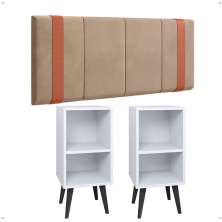 Kit 2 Mesinhas Branco Canto Nicho Prateleira Porta Objetos Cabeceira Suspensa Almofadada Cama Box Casal 1,40 Detalhe Lateral Bege Suede - Lojas RPM