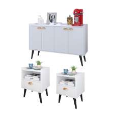 Kit 2 Mesinhas Cabeceira Estilo Retrô 1 Gaveta Nicho Decorativo e Buffet Kiev Cantinho Café Branco - RPM Móveis