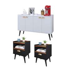 Kit 2 Mesinhas Cabeceira Estilo Retrô Preto/Freijó 1 Gaveta Nicho Decorativo e Buffet Kiev Cantinho Café Branco - RPM Móveis