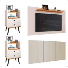 Kit 2 Mesinhas Dream Retrô Cabeceira Suspensa Júlia Cama Box Queen Size 1,60 Suede Painel Samba Texas Tv 48 Polegadas Off White/Cinamomo - Lojas RPM