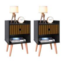 Kit 2 Mesinhas Lateral Cama Moderna 1 Gaveta e Nicho Mesa de Cabeceira Decore Quarto Preto / Ripado Nature - Lojas RPM