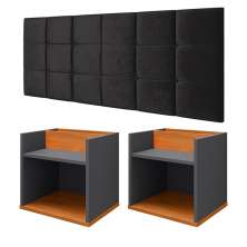 Kit 2 Mesinhas Suspensa Madri Cinza/Cinamomo Nicho Divisória Retrô Cabeceira Bia 1,40 Estofado Suede Preto Cama Box Casal Quarto