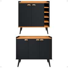 Kit Aparador Truzzi 3 Portas Cantinho Café Buffet Madero Adega Barzinho Retrô Decoração Sala Preto/Cinamomo - Lojas RPM