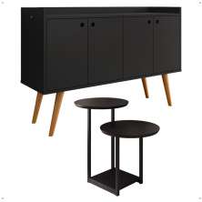 Kit Casa Aparador Buffet Dallas Cantinho Café Mesa Apoio Lateral Luiza Pés Ferro Decoração Sala Estar Preto - Lojas RPM