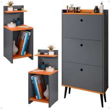 Kit Quarto 2 Mesas Cabeceira Mesinha Fantasy Lateral Cama Sapateira Vertical Dark Organizadora Calçados Unissex Cinza/Cinamomo - Lojas RPM