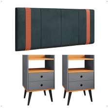 Kit Quarto 2 Mesas Cabeceira Retrô Cinza/Cinamomo Gavetas Nicho Painel Suspenso Cama Box Queen 1,60 Suede - Lojas RPM