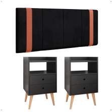 Kit Quarto 2 Mesas Cabeceira Retrô Gavetas Nicho Painel Suspenso Cama Box Casal 1,40 Preto Suede - Lojas RPM
