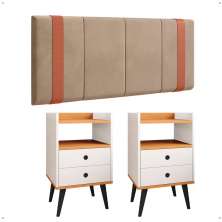 Kit Quarto 2 Mesas Cabeceira Retrô Off White/Cinamomo Gavetas Nicho Painel Suspenso Cama Box Queen 1,60 Bege Suede - Lojas RPM