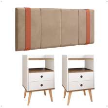 Kit Quarto 2 Mesas Cabeceira Retrô Off White/Freijó Gavetas Nicho Painel Suspenso Cama Box Queen 1,60 Bege Suede - Lojas RPM