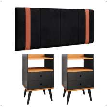 Kit Quarto 2 Mesas Cabeceira Retrô Preto/Cinamomo Gavetas Nicho Painel Suspenso Cama Box Queen 1,60 Suede - Lojas RPM