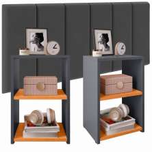 Kit Quarto 2 Mesinhas Bella Prateleira Criado Retrô Cinza/Cinamomo Cabeceira Estofada Júlia Cinza Suede 1,40 Cama Box Casal - RPM