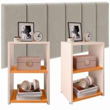 Kit Quarto 2 Mesinhas Bella Prateleira Criado Retrô Off/Cinamomo Cabeceira Estofada Júlia Bege Suede 1,40 Cama Box Casal - RPM