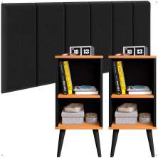Kit Quarto 2 Mesinhas Charme Preto/Cinamomo Nicho Prateleira Cabeceira Suspensa Julia Preto Suede 1,40 Cama Casal Box - Lojas RPM