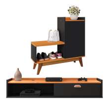 Kit Quarto Sapateira Shoes Banquinho Pés Madeira Rack Suspenso Home Decor Sala Decoração Casa Preto/Cinamomo - RPM Móveis